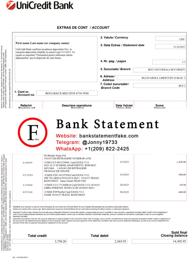 UniCredit Bank Romania bank statement in JPEG format, realistic editable mockup crafted for novelty purposes, training activities, and UX simulation use